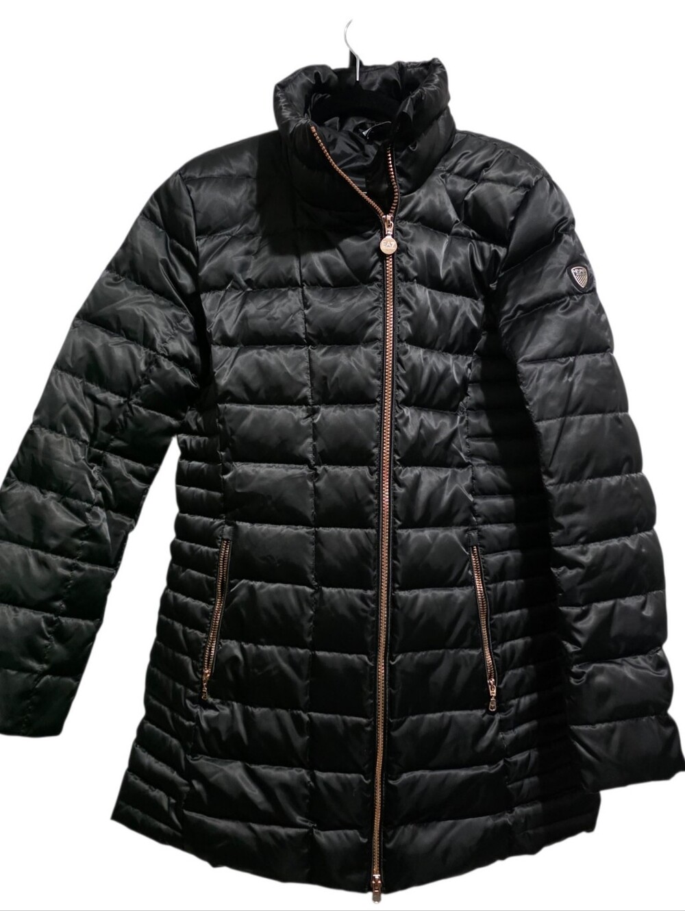 EA7 Emporio Armani Black Down Puffer Coat XL Long Quilted Jacket Rose Gold Zip - Picture 2 of 12